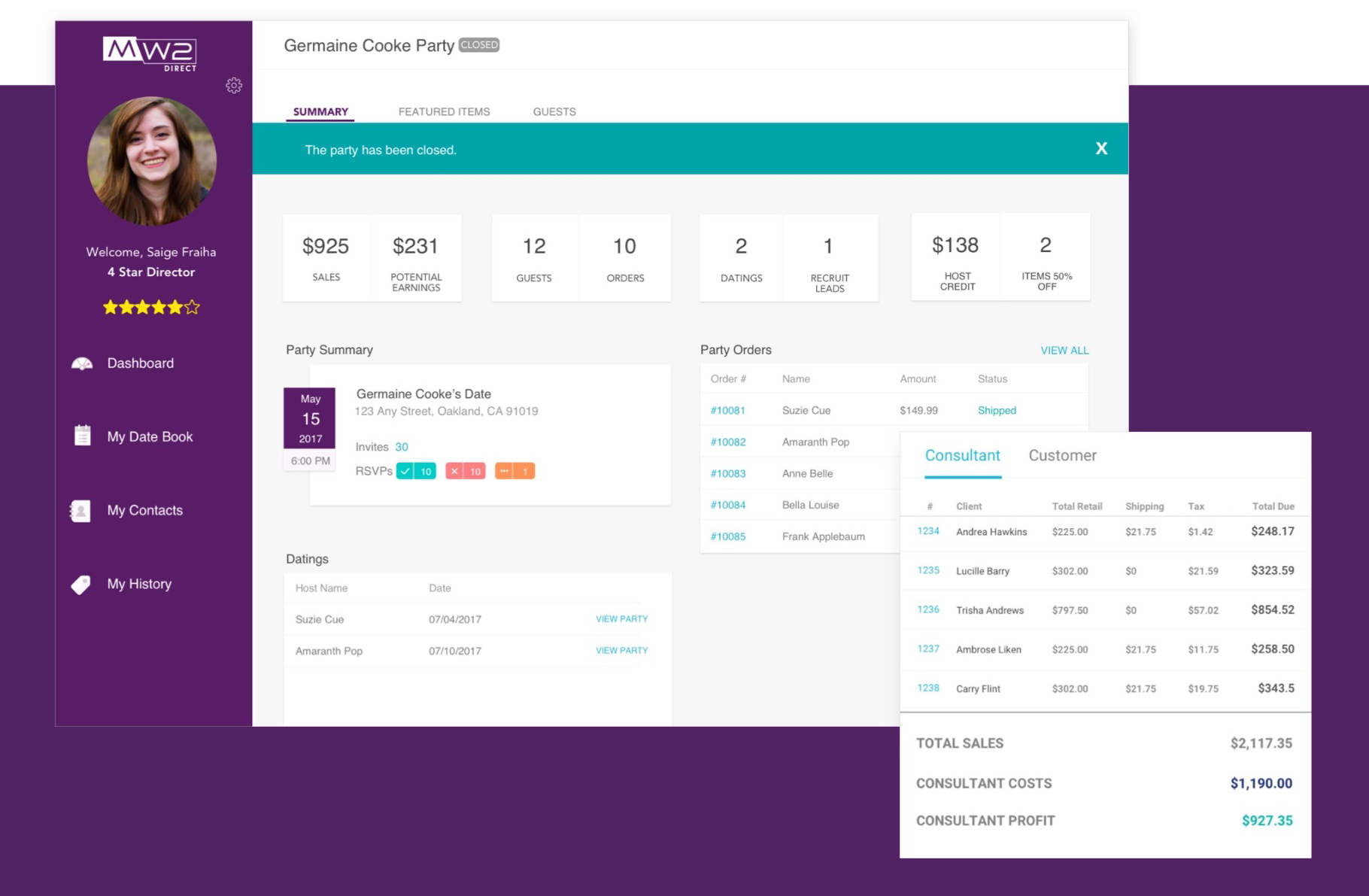 A Consultant's Party Dashboard and Profit Summary.