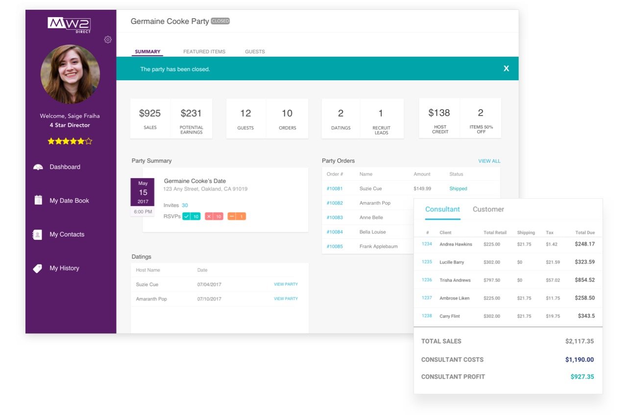 A dashboard showing commission and orders from a direct seller's event